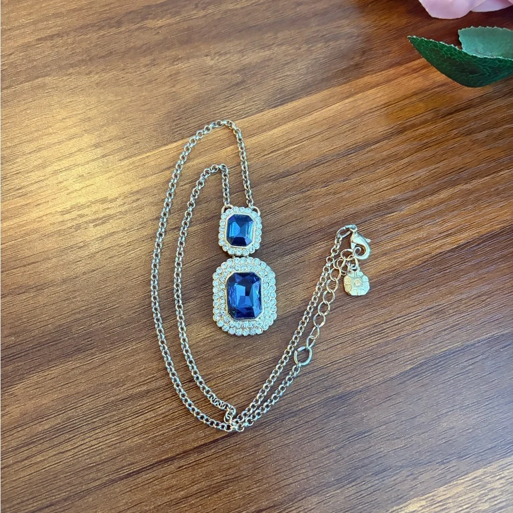 Monet JcPenney Bauble Bar Blue and Gold Rhinestone Necklace